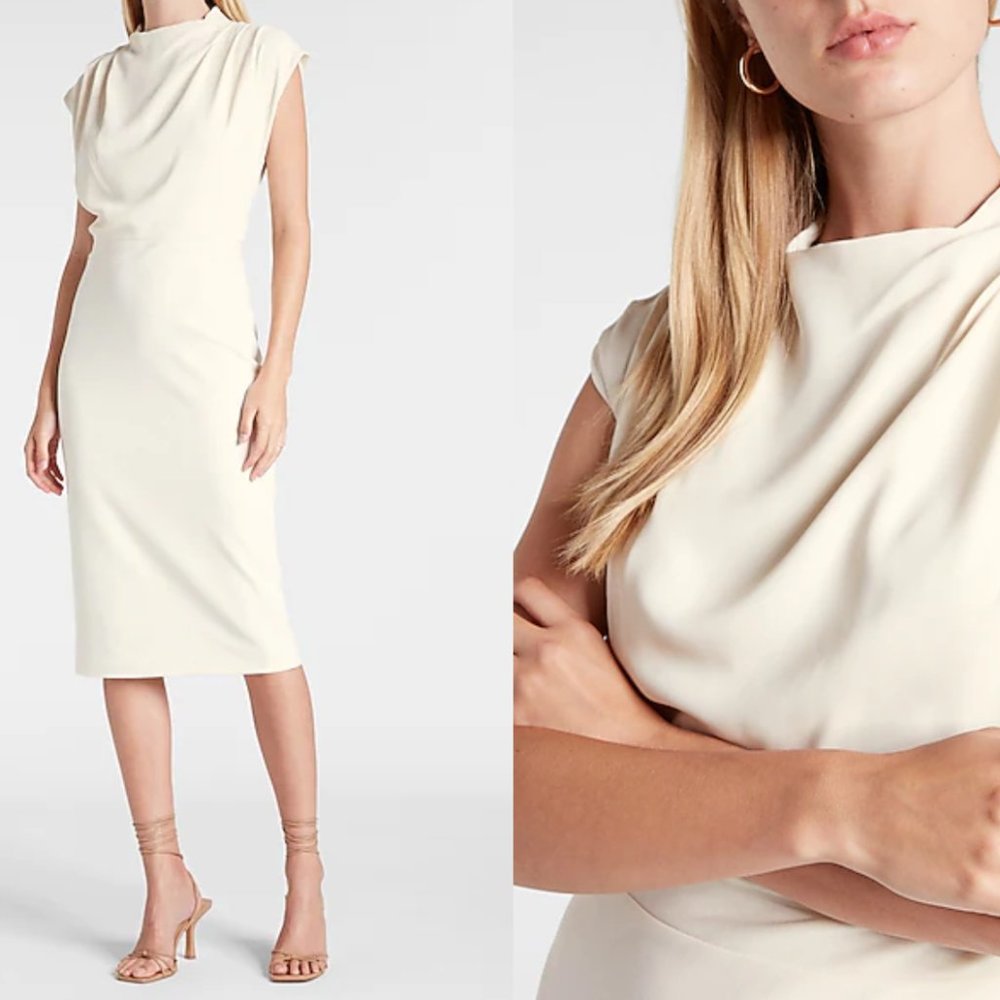 EXPRESS Ivory Draped Mock Neck Midi Sheath Dress